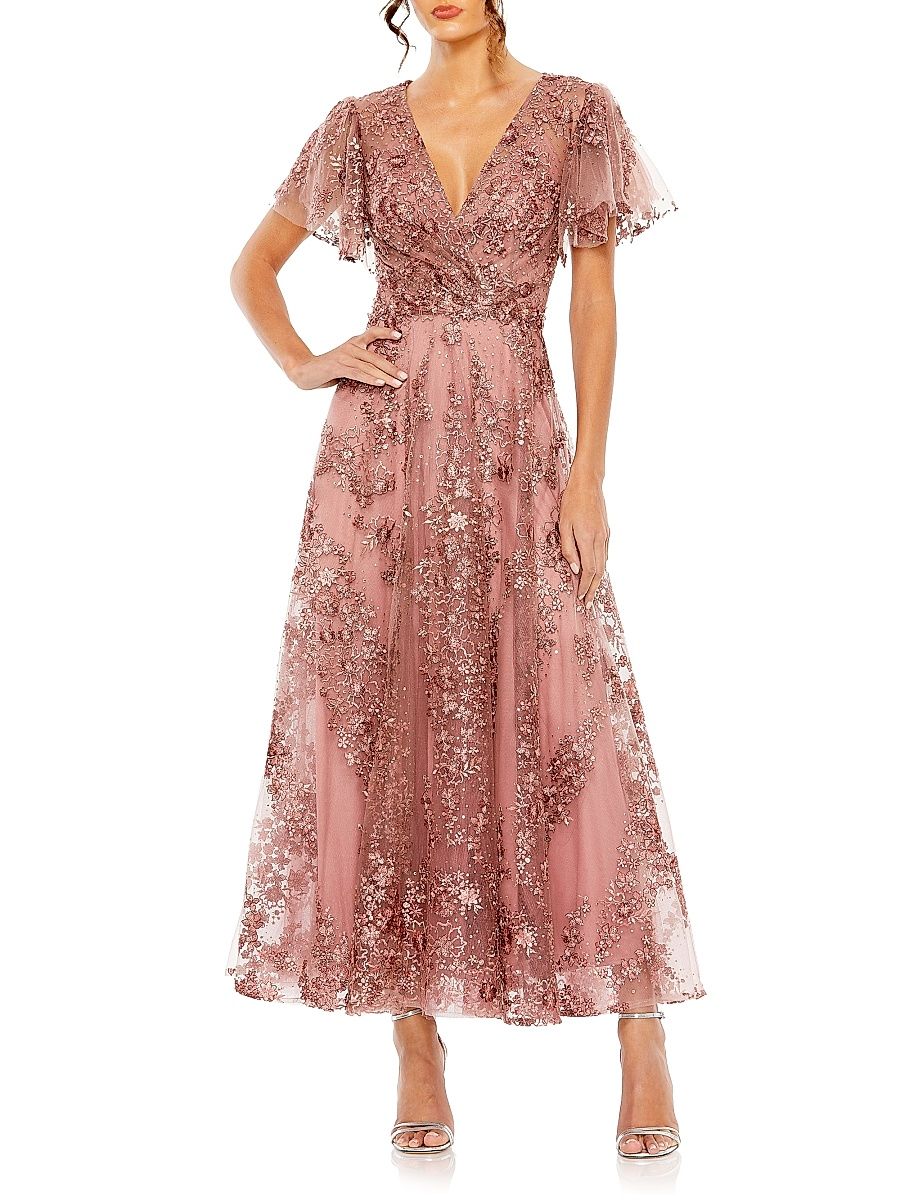 Women's Embellished Flutter Sleeve Faux Wrap Gown - Mauve - Size 18