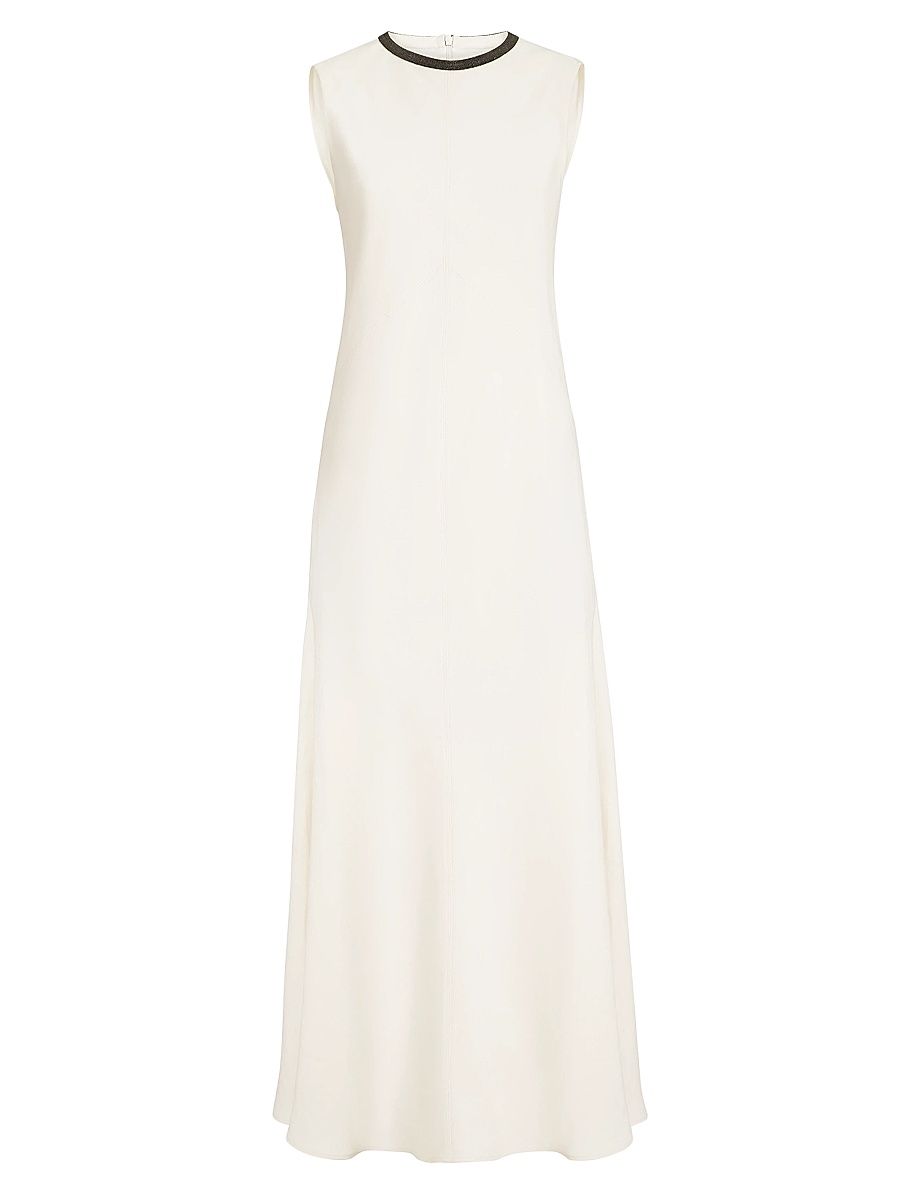 Women's Viscose and Linen Fluid Twill Dress with Precious Collar - Ivory - Size Medium