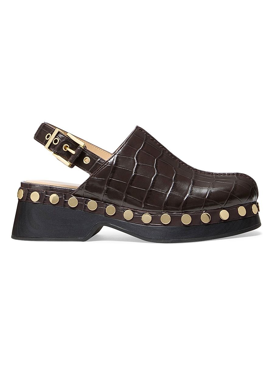 Women's Esra 50MM Studded Croc-Embossed Leather Clogs - Chocolate - Size 10
