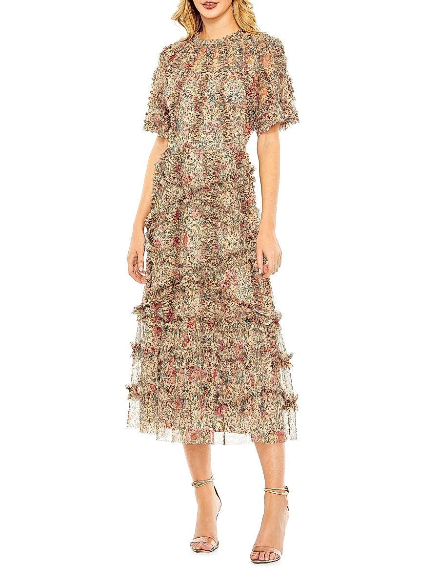 Women's Ruffled Floral Mesh Midi-Dress - Beige Multi - Size 16