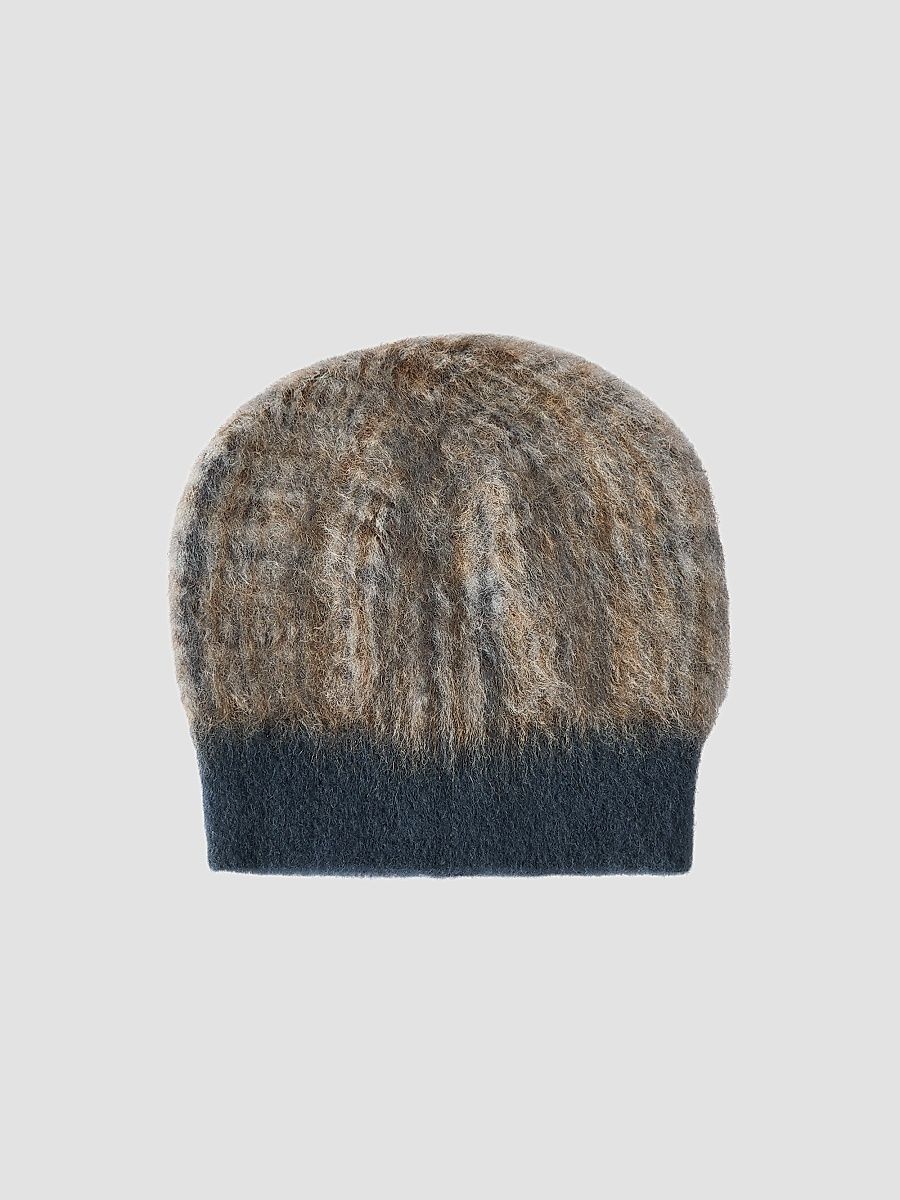 Women's Mohair and Would Prince Of Wales Double Knit Beanie - Dark Grey - Size Medium