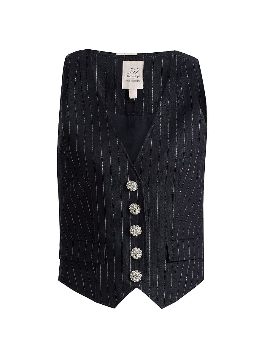 Women's Anderson Crystal-Button Metallic Pinstripe Vest - Indigo - Size Large