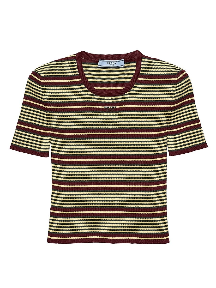 Women's Short-Sleeved Striped Cotton Sweater - Size 10