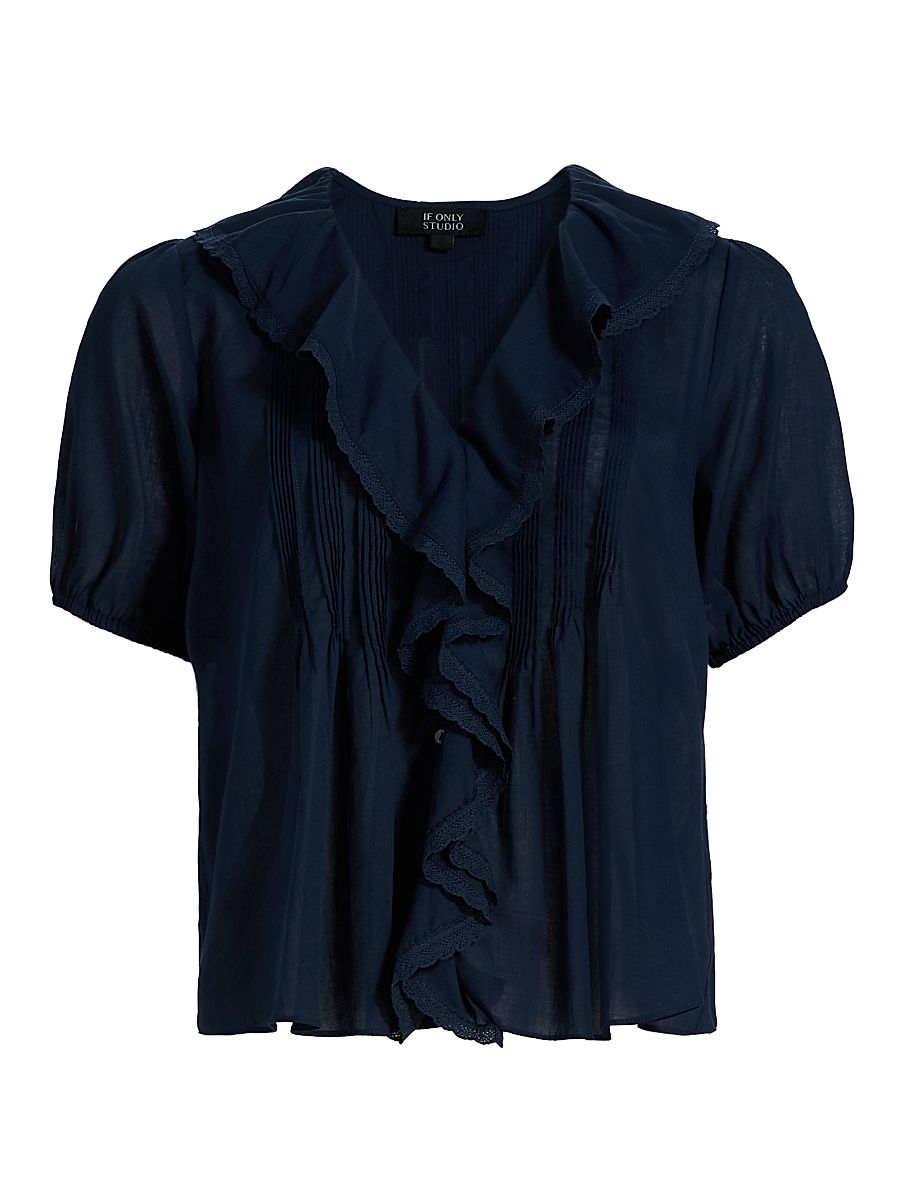 Women's Cotton Ruffled Top - Navy - Size Large