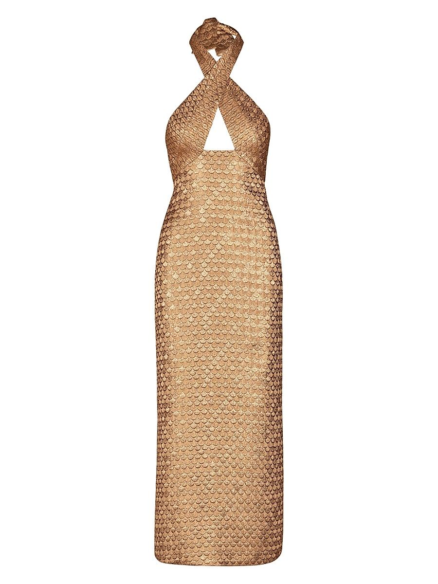Women's Candelaria Elegant Expedition Jacquard Halterneck Maxi Dress - Gold - Size 2