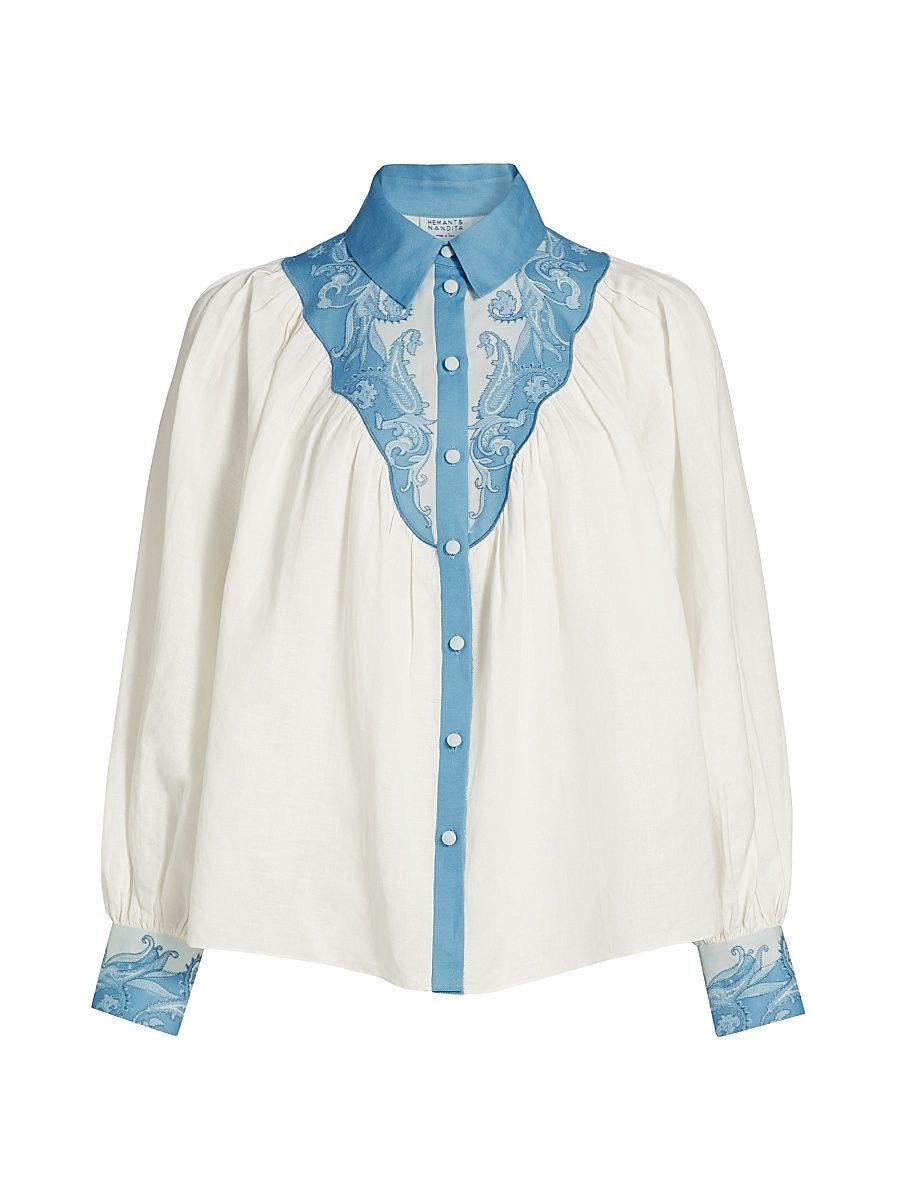 Women's Fiza Embroidered Yoke Shirt - Blue Ivory - Size XL