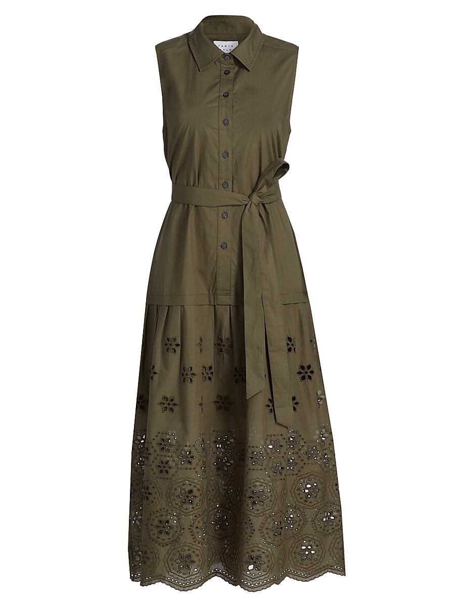 Women's Bailey Embroidered-Cotton Tie-Waist Midi-Dress - Fern - Size 10
