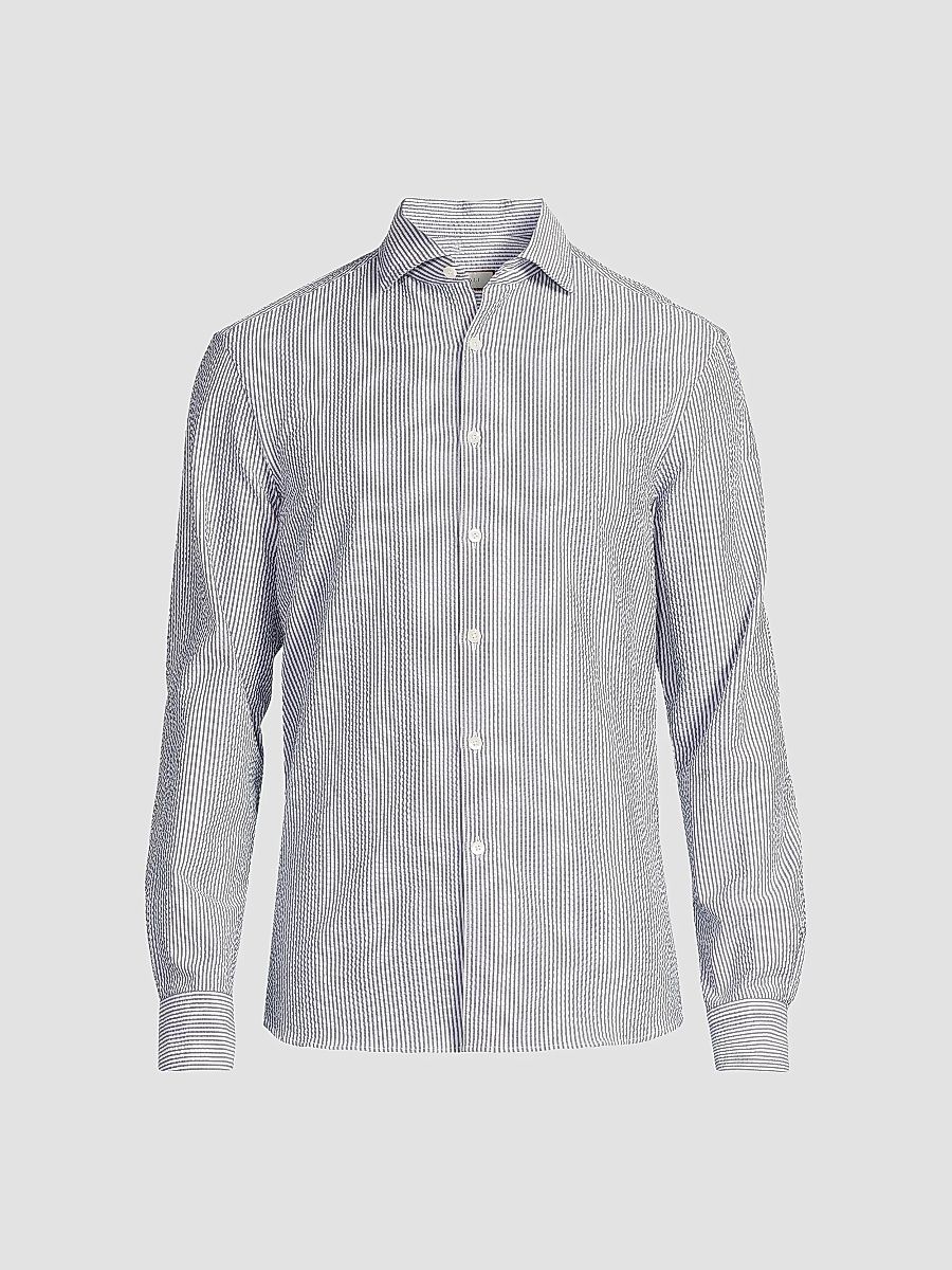 Canali Men's Seersucker Sport Shirt - Blue - Size Small