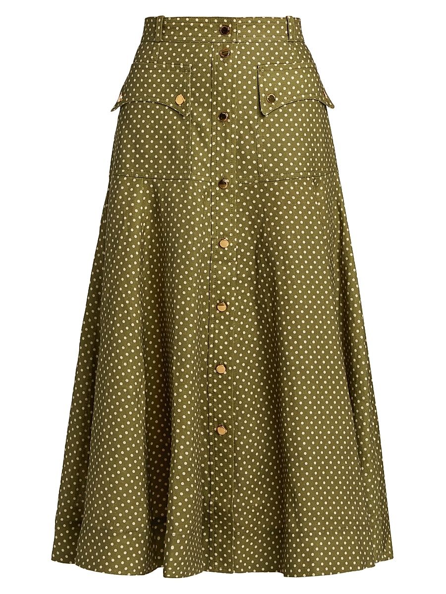 Women's Luna Polka Dot Linen Cargo Midi-Skirt - Olive Dot - Size 10