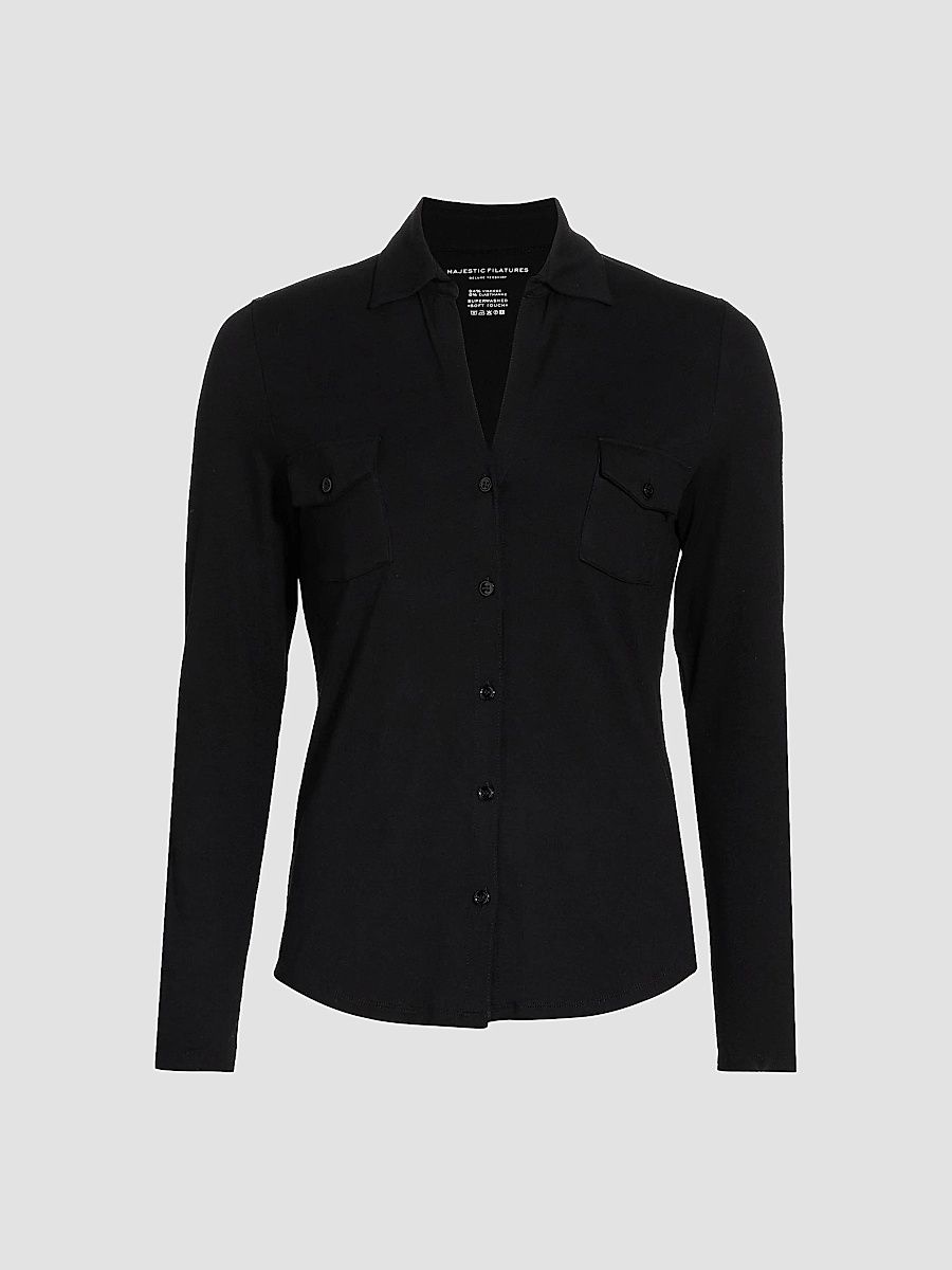 Majestic Filatures Women's Soft Touch Long-Sleeve Pocket Shirt - Noir - Size Large