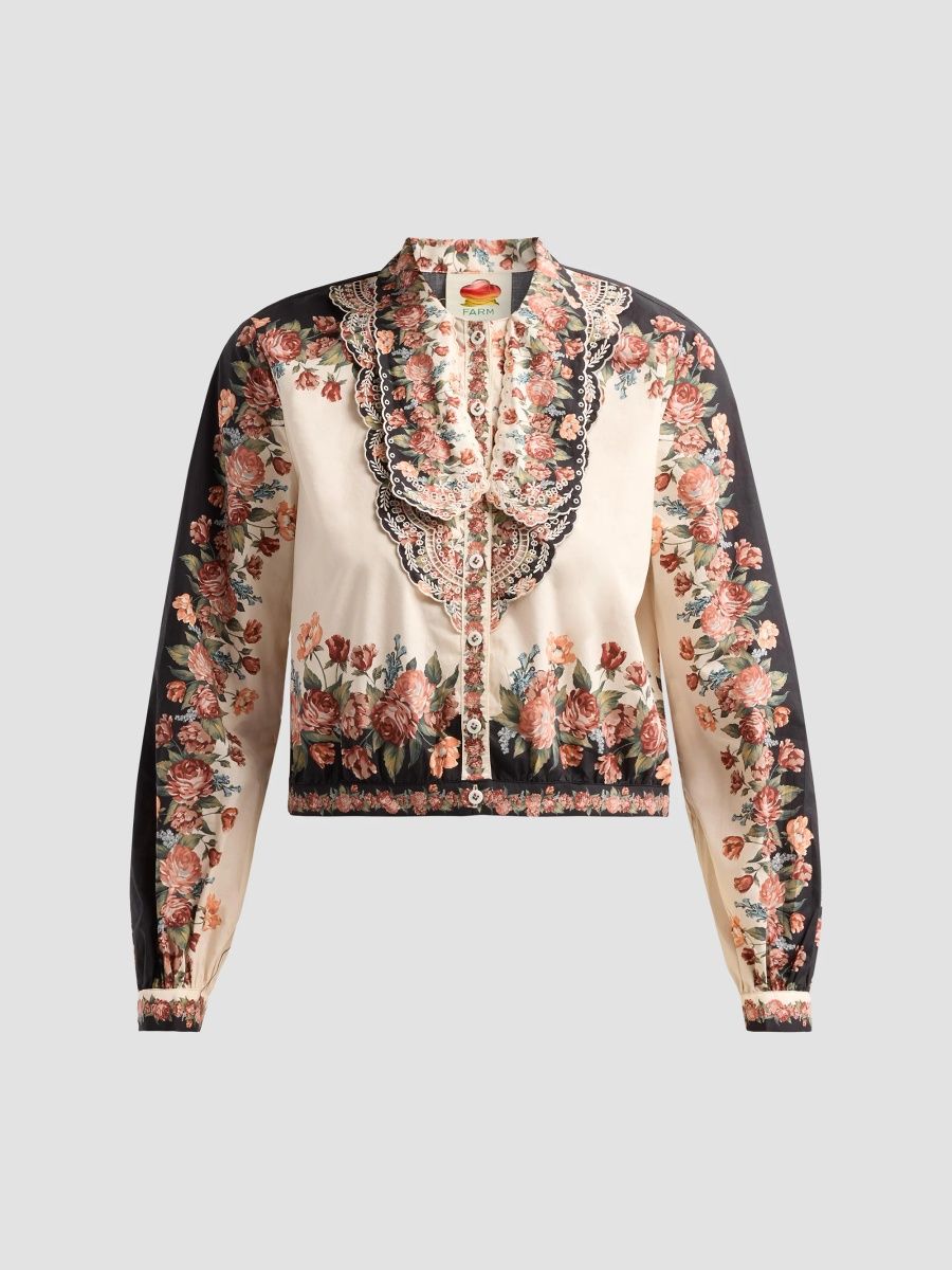 Farm Rio Women's Winter Floral Cotton Shirt - Light Beige - Size XS