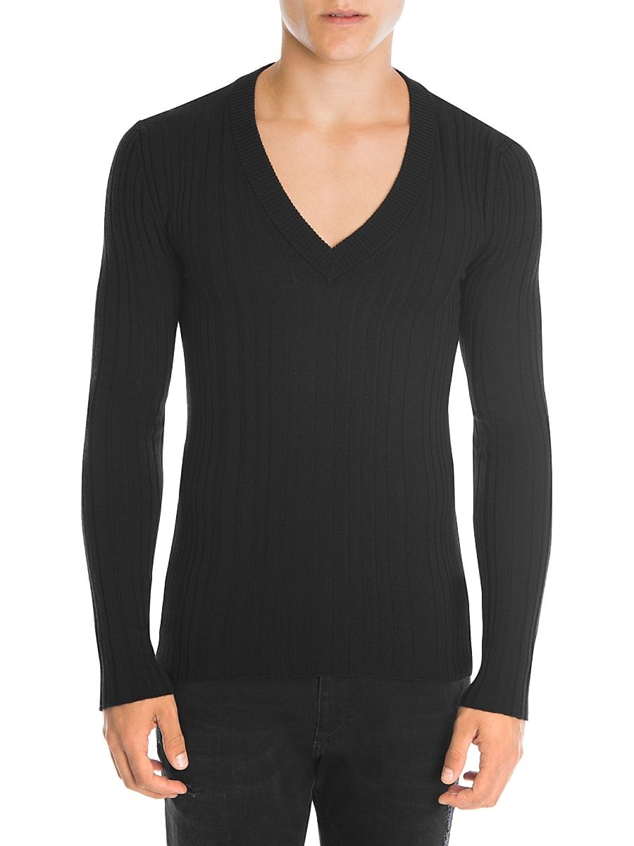 Men's V-Neck Ribbed Sweater - Nero - Size 42