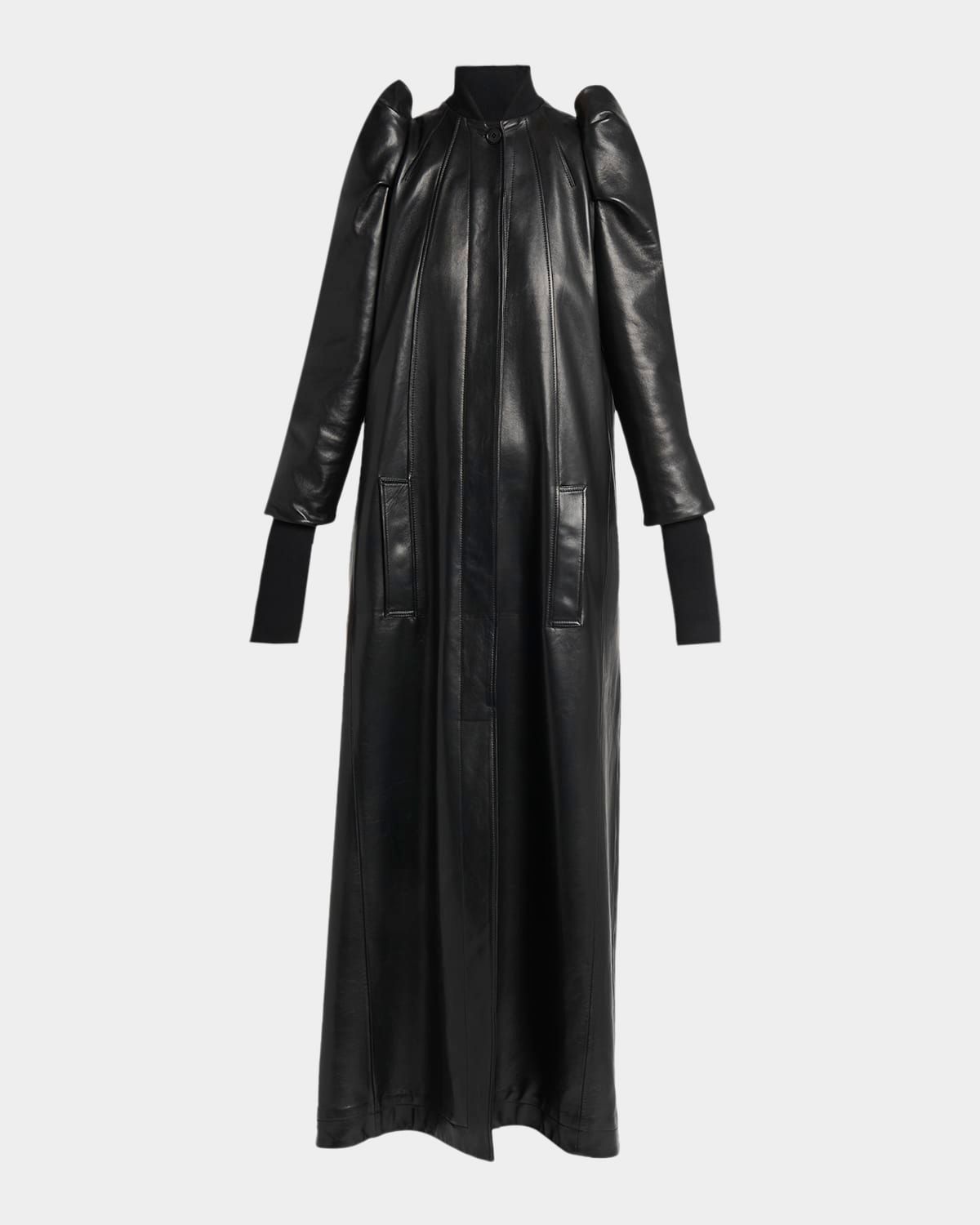 Structured Puff-Sleeve Long Leather Coat