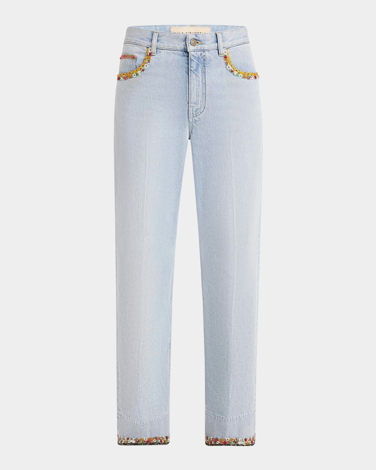 Embroidered Lightwash Denim Straight-Leg Pants