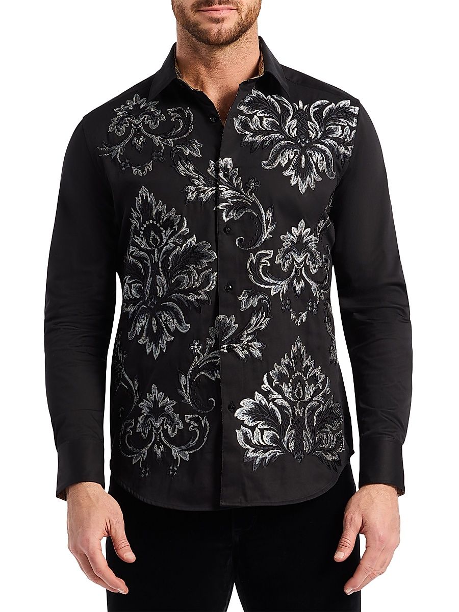 Men's Cheetah Embroidered Damask Button-Front Shirt - Black - Size XL