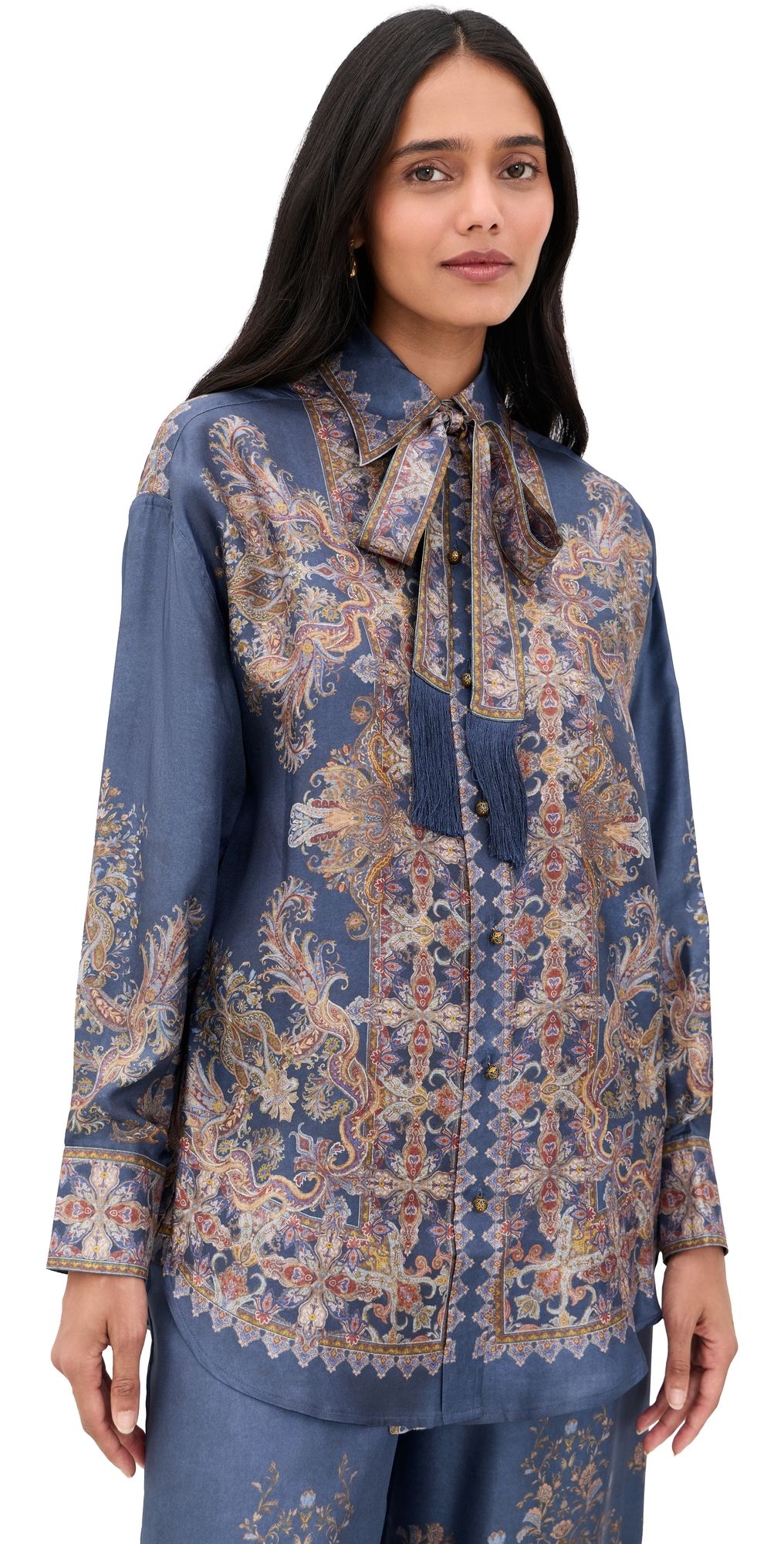 Zimmermann Valiant Relaxed Silk Button Down Shirt Navy Paisley 0P