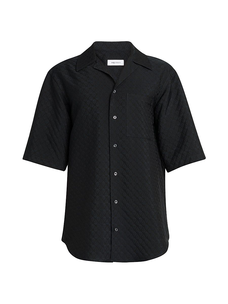 Men's Camp Collar Skull Jacquard Shirt - Black - Size 17.5
