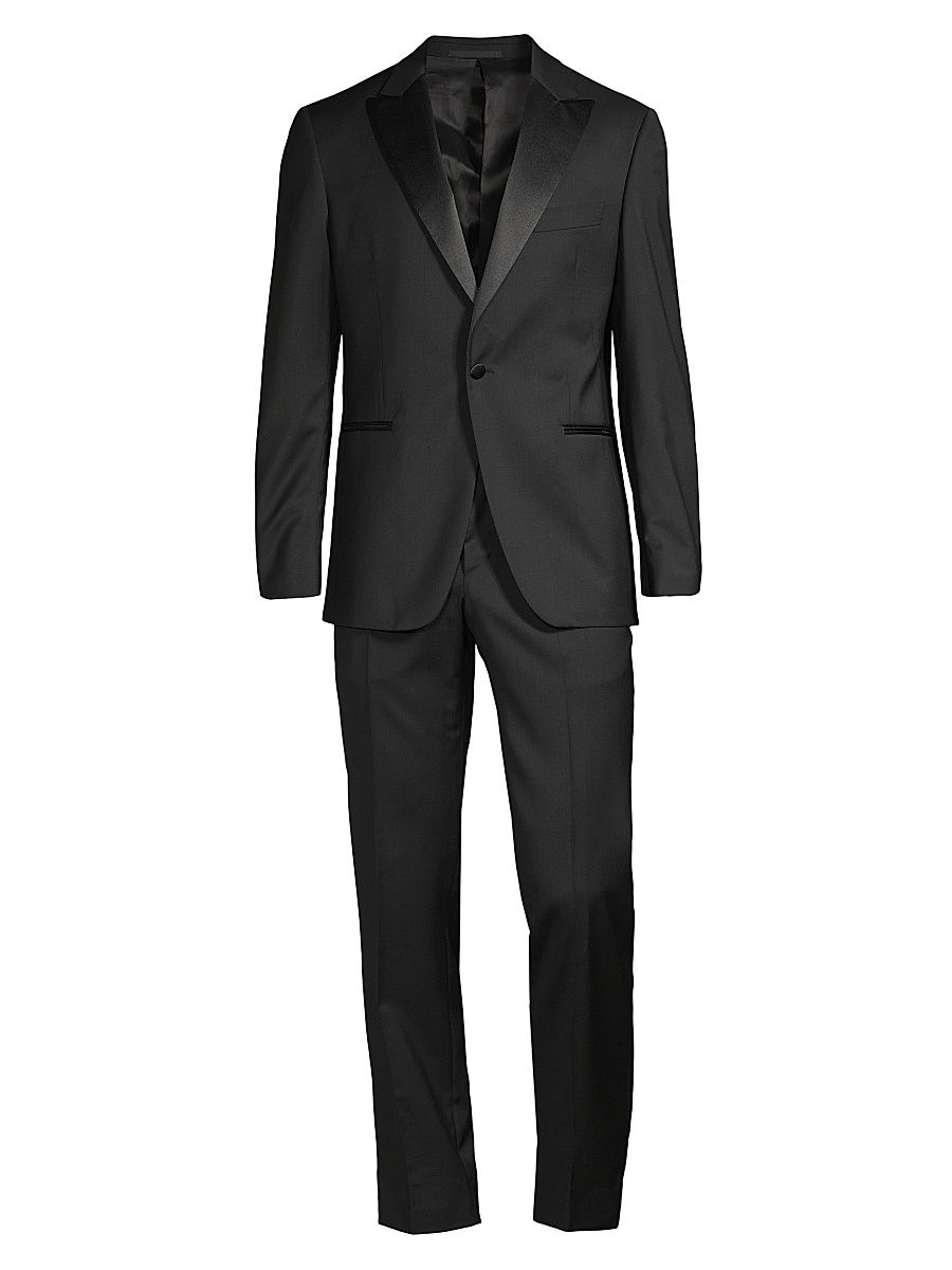 Men's Stretch-Wool Peak-Lapel Tuxedo - Black - Size 46