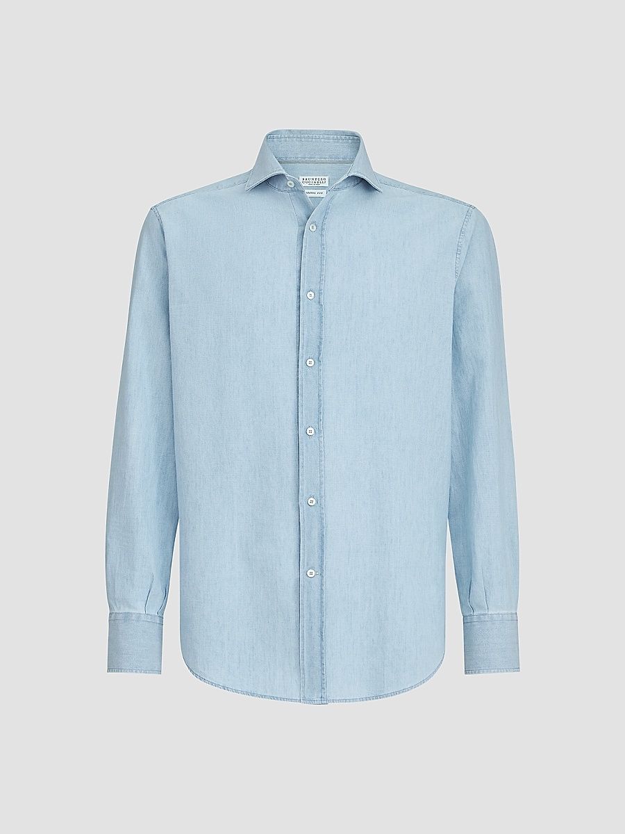 Men's Denim-Effect Chambray Shirt with Spread Collar - Medium Denim - Size XXXXL