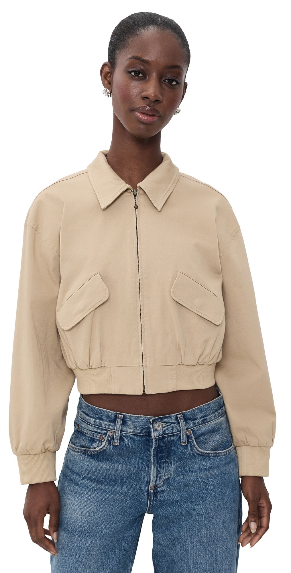 Good American The Twill Cropped Bomber Jacket Dune Mist L