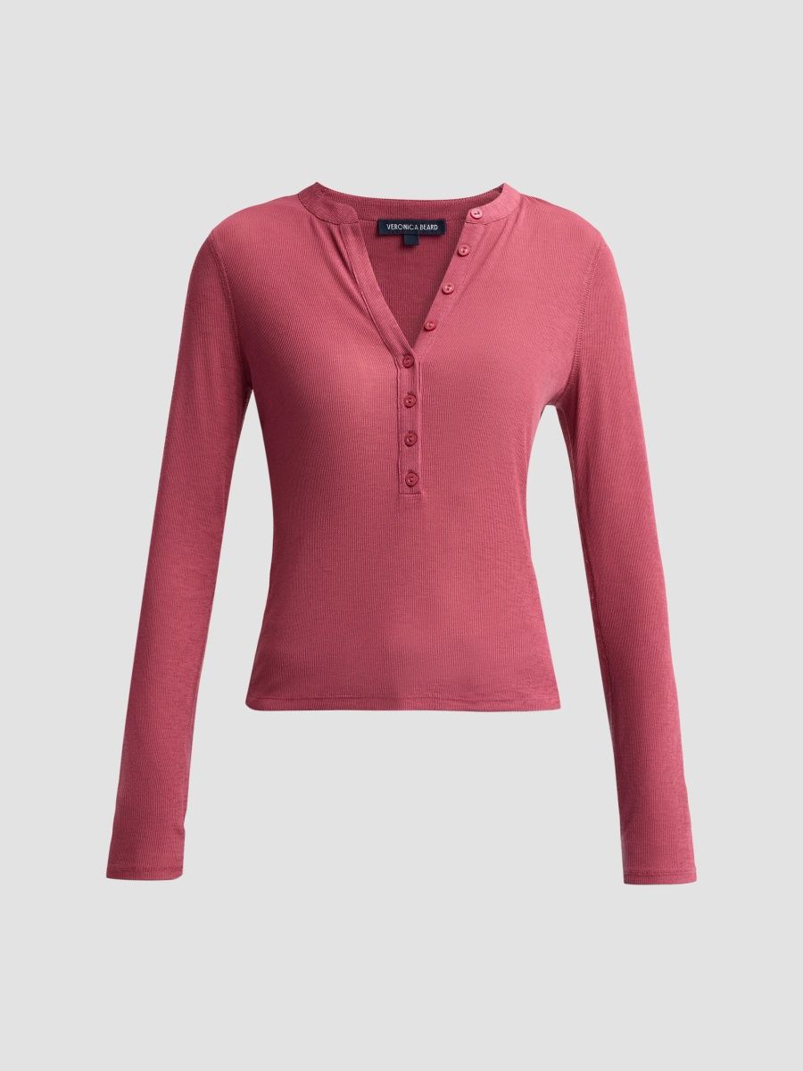 Veronica Beard Women's Drexler Stretch Henley Top - Garnet Rose - Size XS