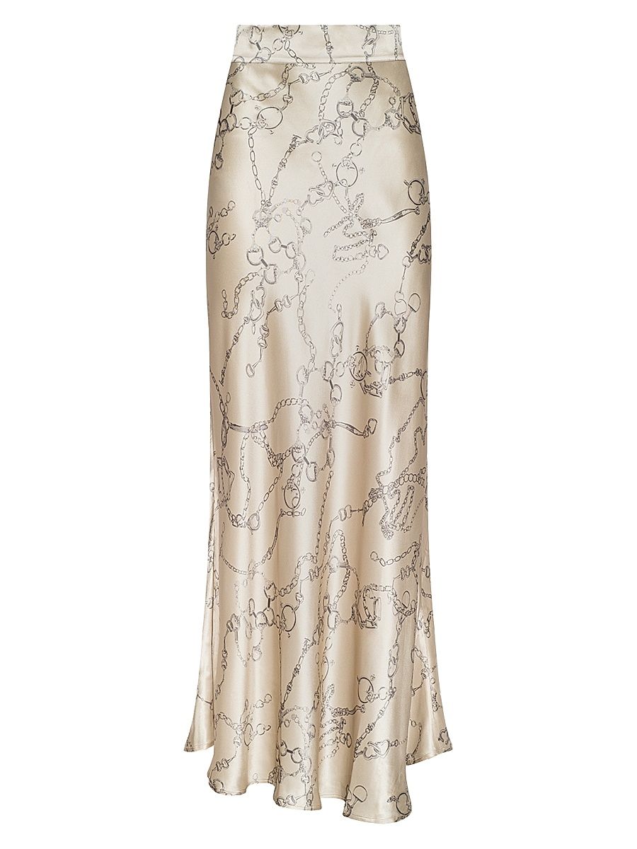 Women's Ryker Horsebit Chain-Print Silk Maxi Skirt - Soft Macadamia Heart Chain - Size 14