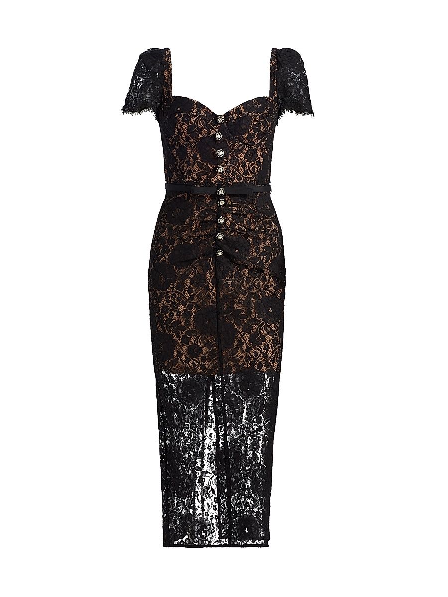 Women's Floral Lace Sweetheart Midi-Dress - Black - Size 12