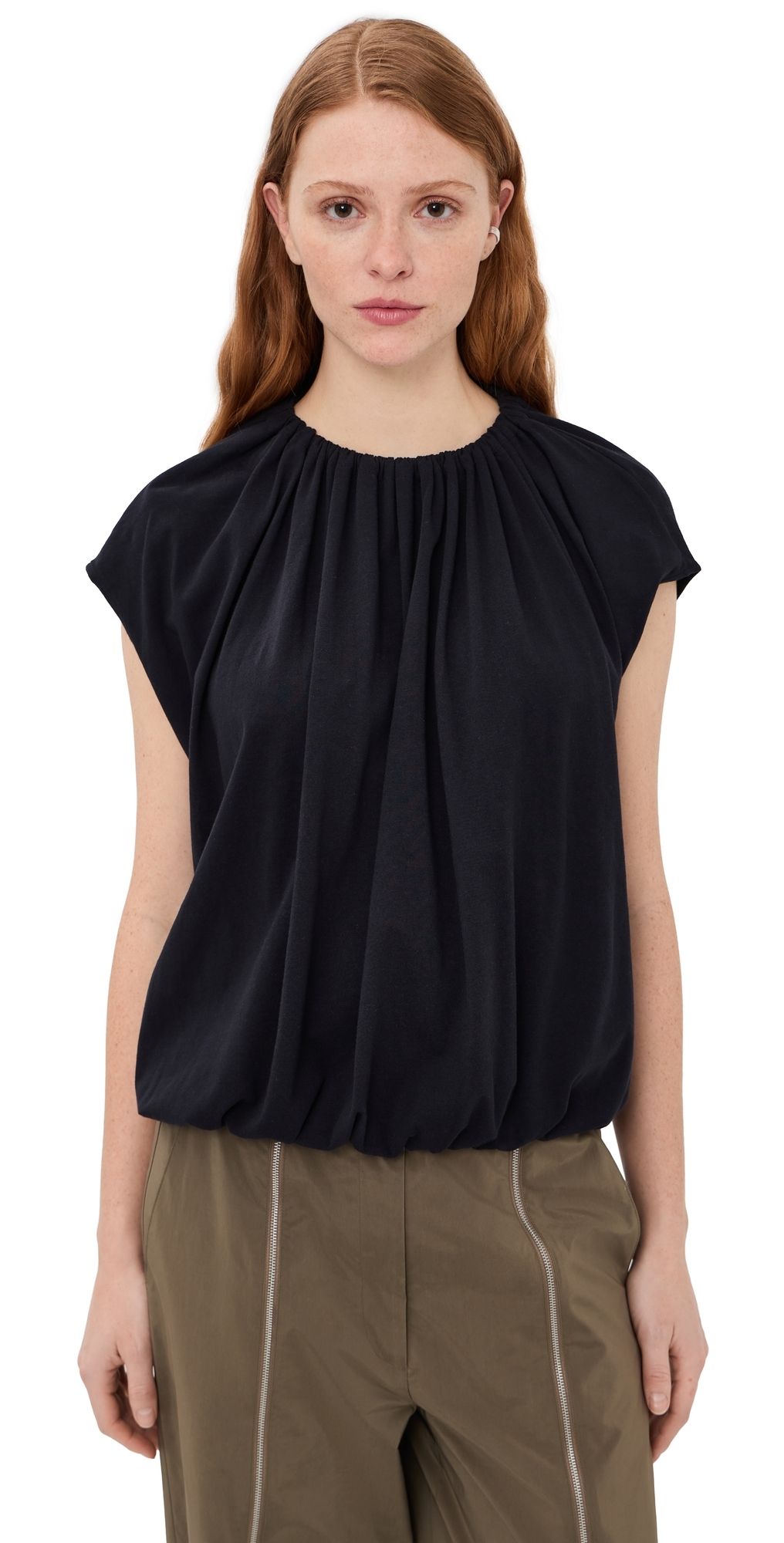 Tibi Shirred Neck Circular Tee Dark Navy S