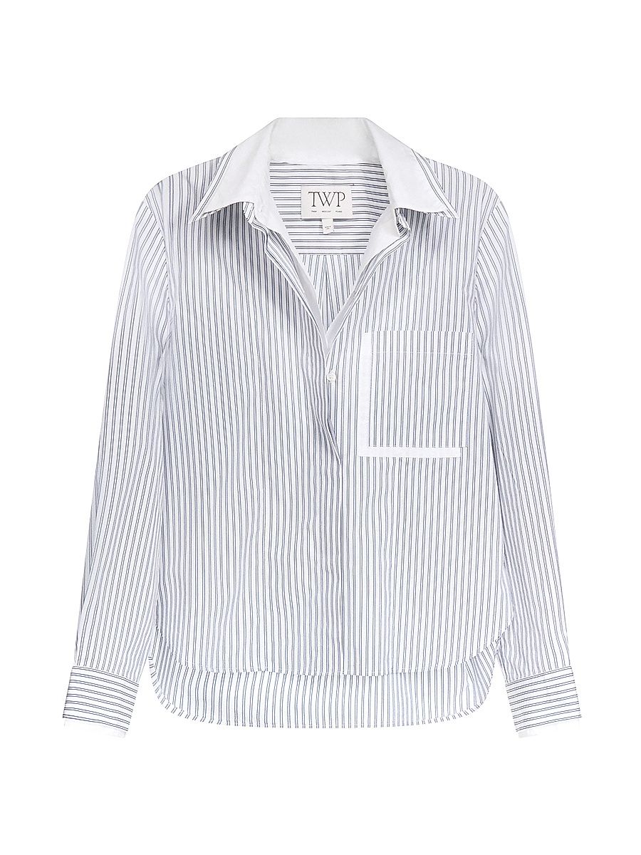 Women's Striped Double-Layer Cotton Shirt - White Navy Multi - Size XS