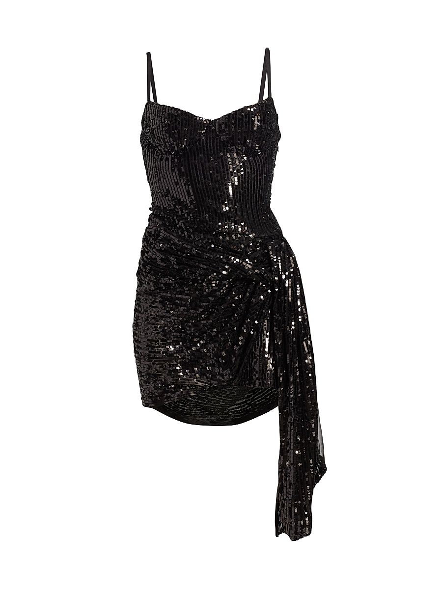 Women's Sequined Wrap-Style Minidress - Black - Size Large