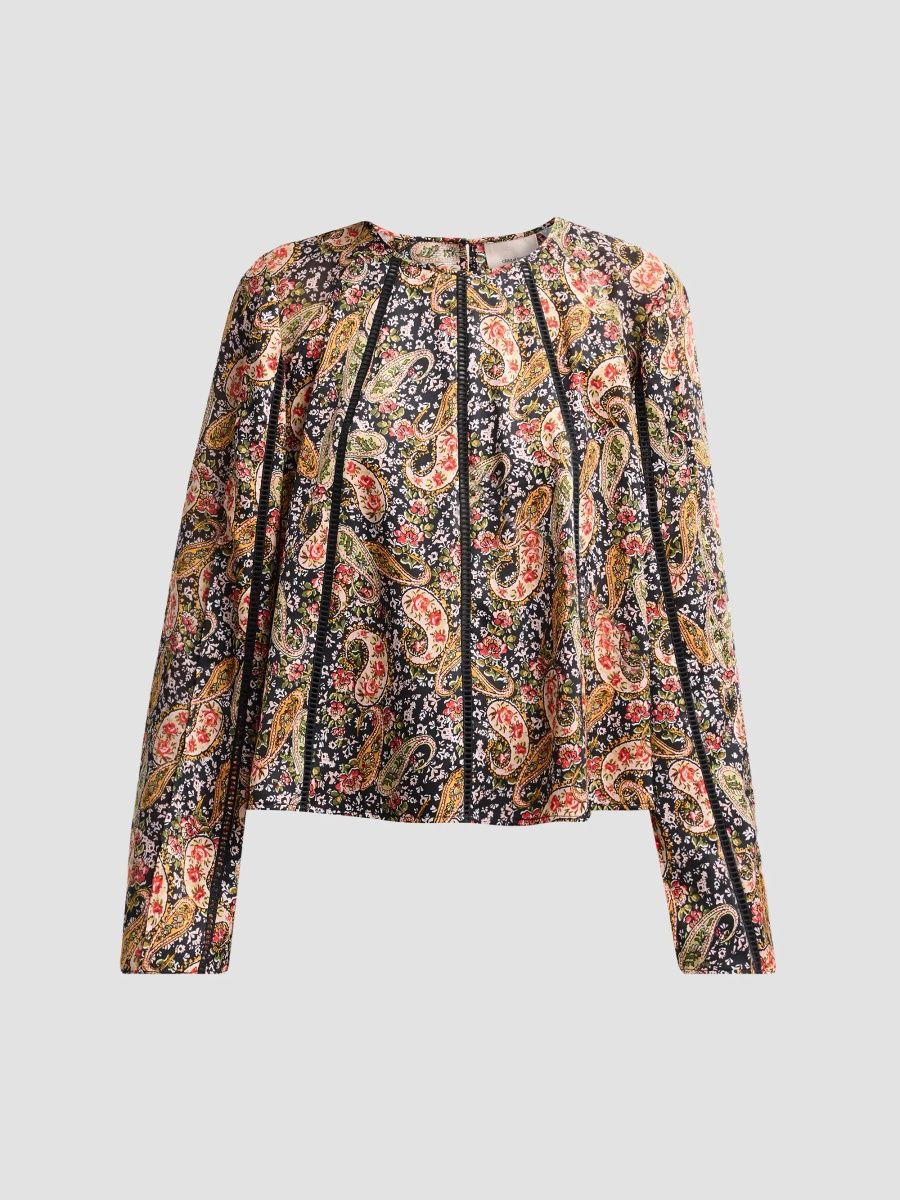 Women's Virelia Paisley Ladder-Stitch-Trim Top - Black Multi - Size XL