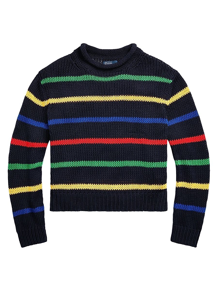 Women's Cotton Striped Roll-Neck Sweater - Hunter Navy Multi - Size Small