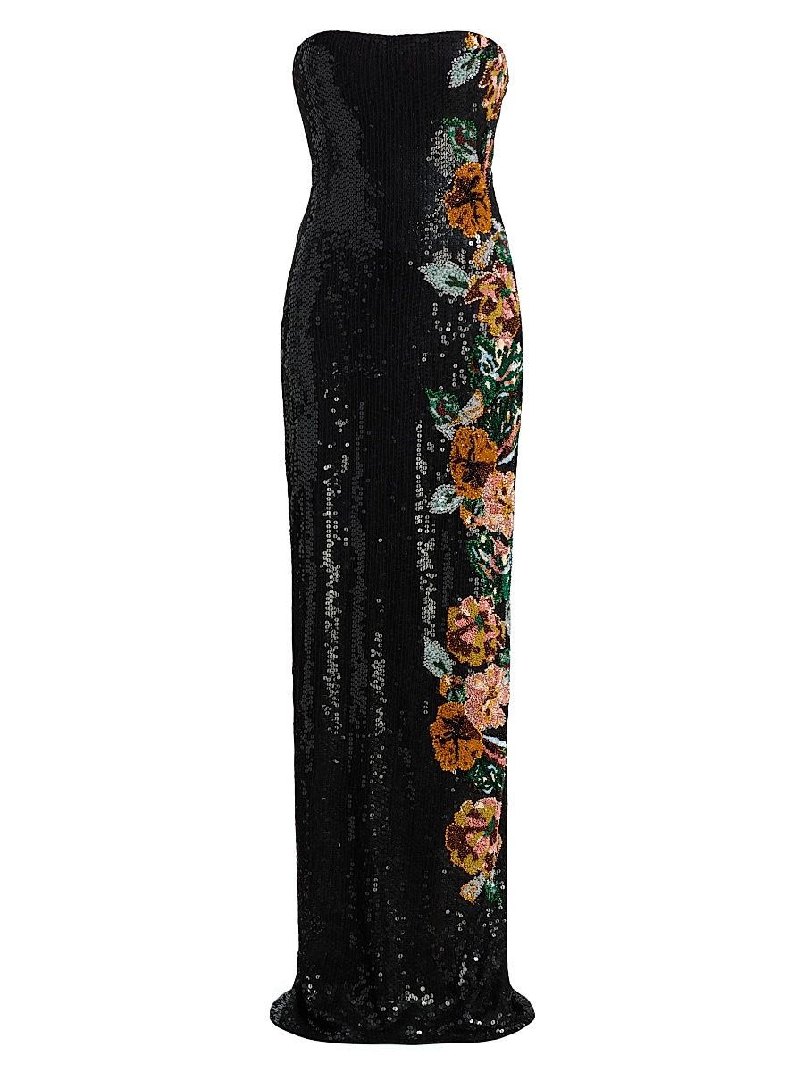 Women's Shalom Floral Sequined Strapless Gown - Black Multi - Size 0