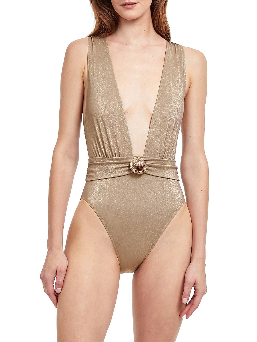 Women's White Sands Metallic Deep Plunge One-Piece Swimsuit - Sand - Size 12