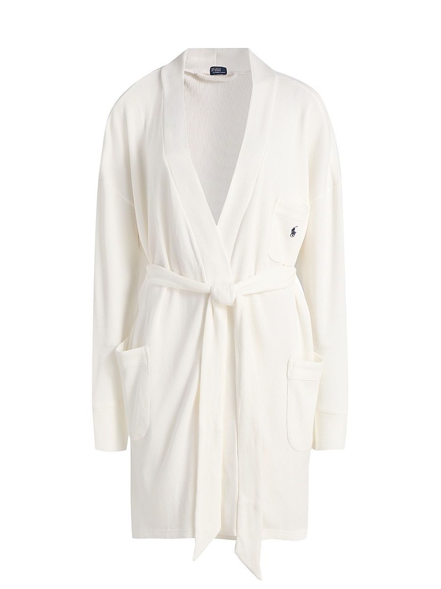 Women's Waffle-Knit Cotton-Blend Belted Robe - Ecru - Size Small