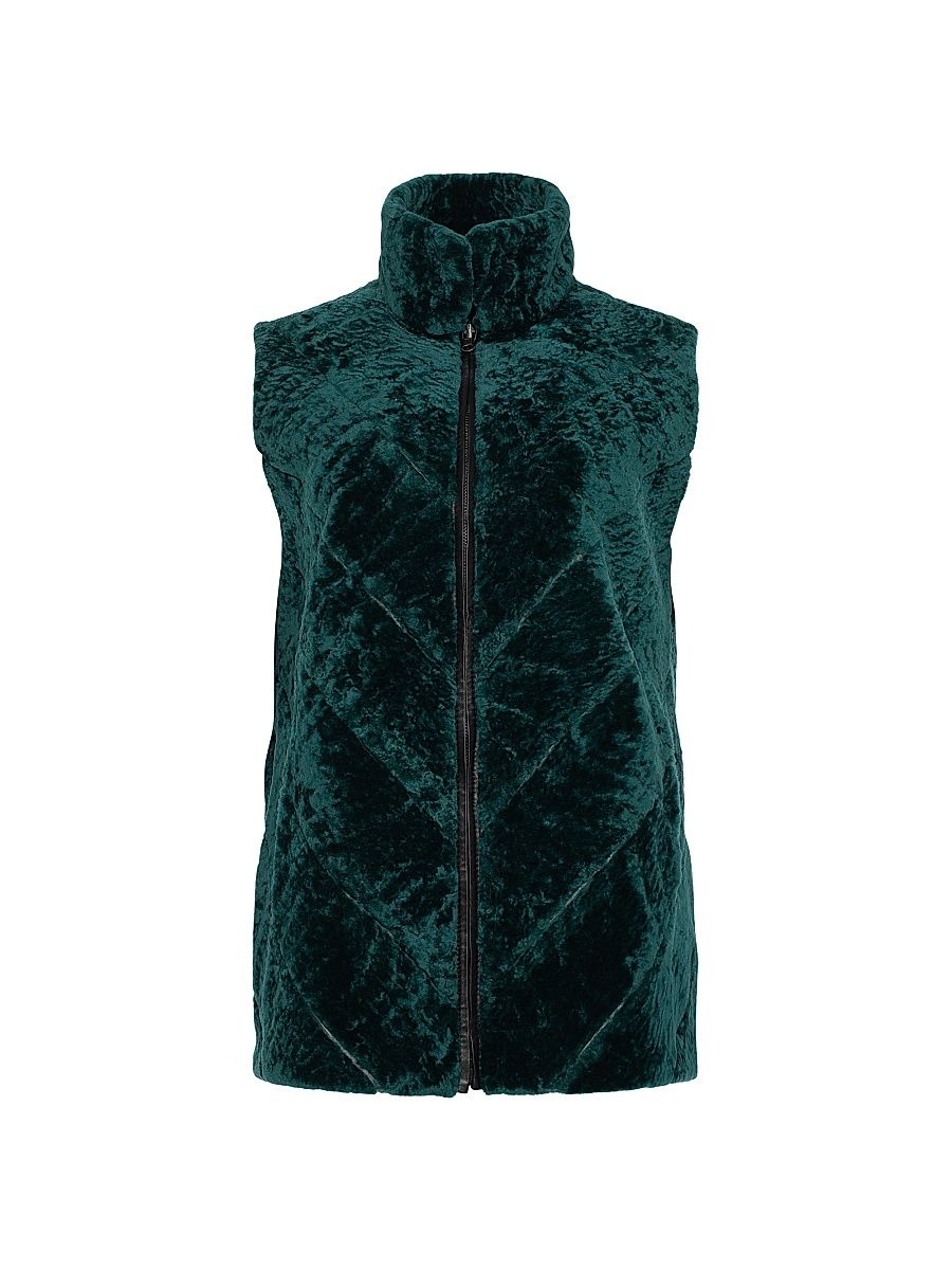 Women's Textured Shearling Lamb Zip Vest Reversible To Taffeta - Emerald - Size Small