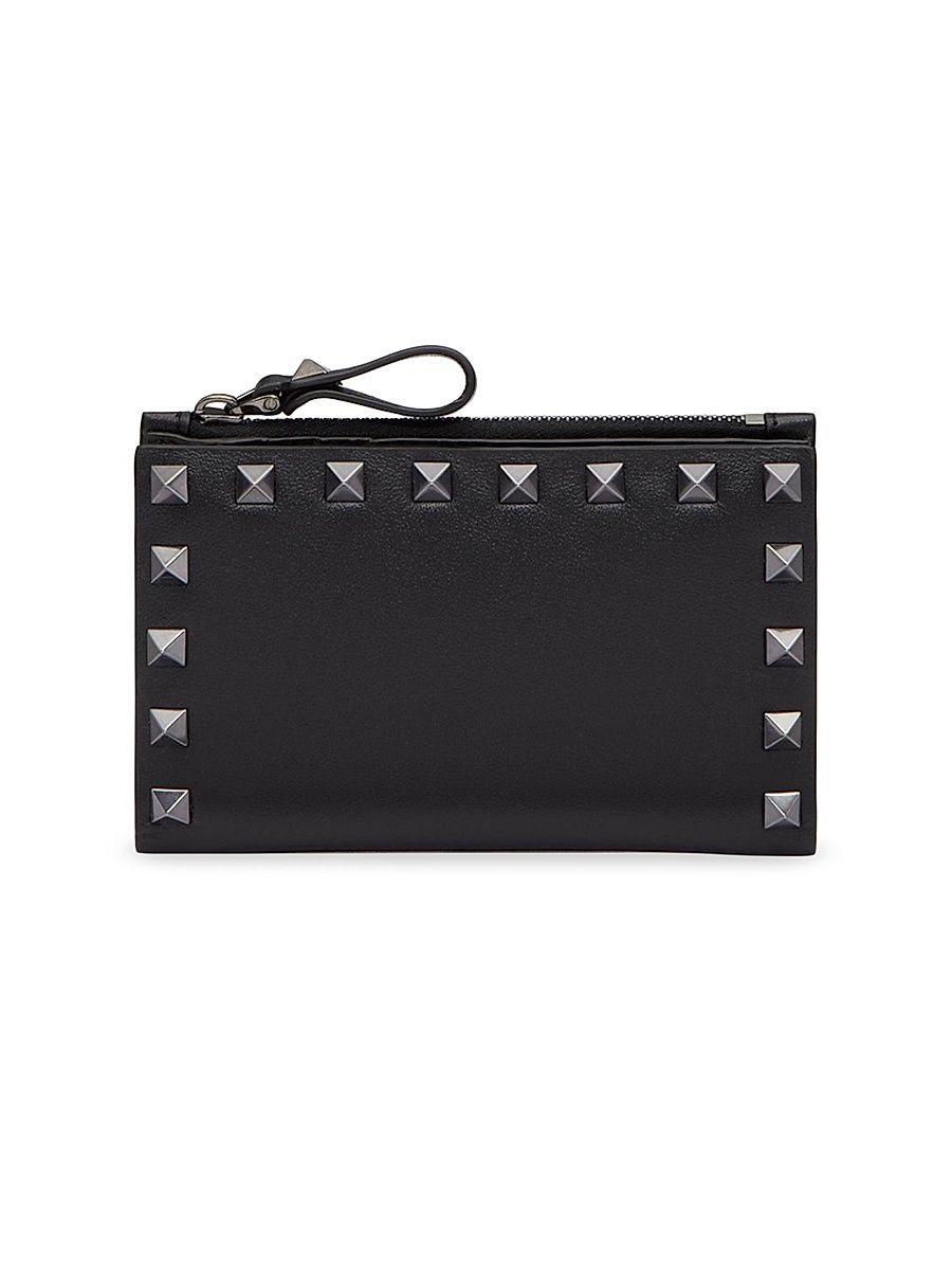 Women's Rockstud Calfskin Cardholder with Zip - Black