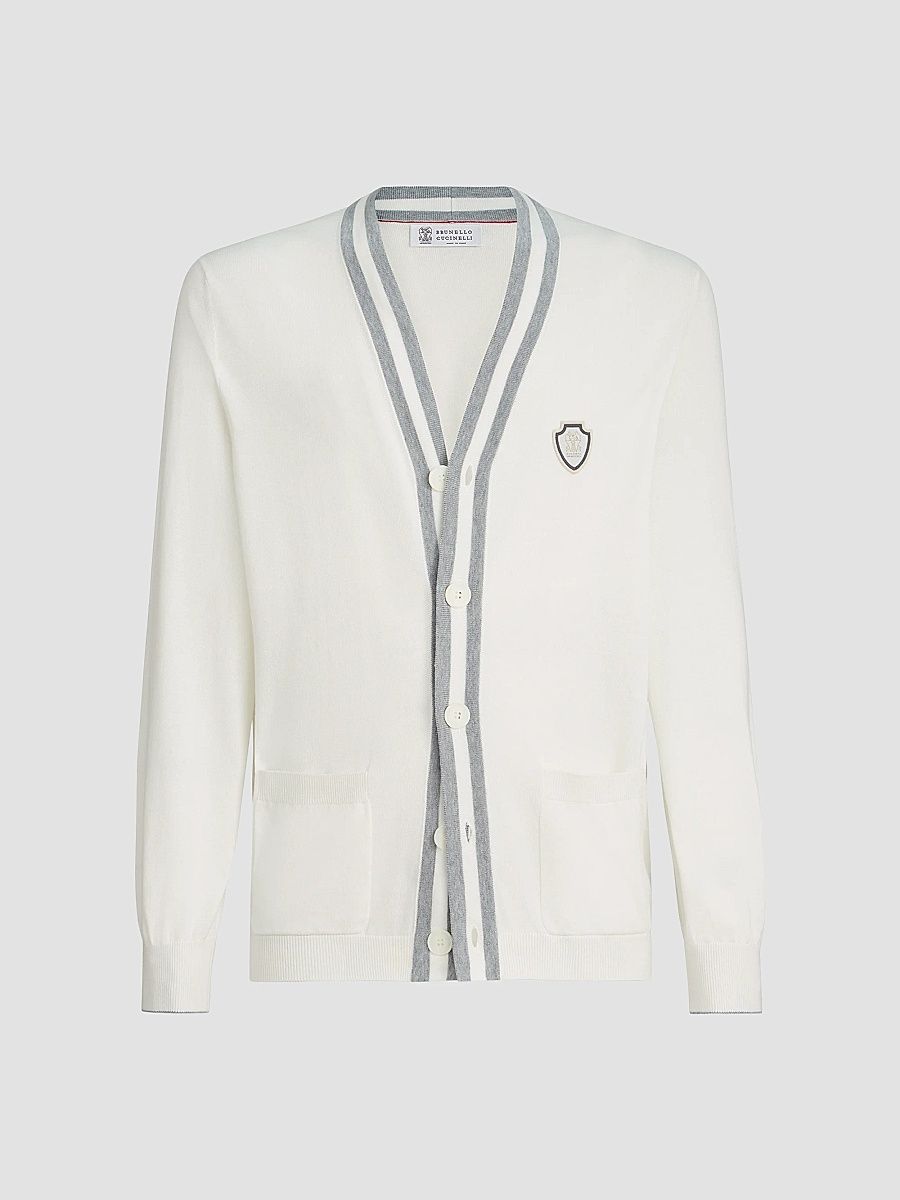 Brunello Cucinelli Men's Cotton Cardigan with Logo - White - Size XXXL