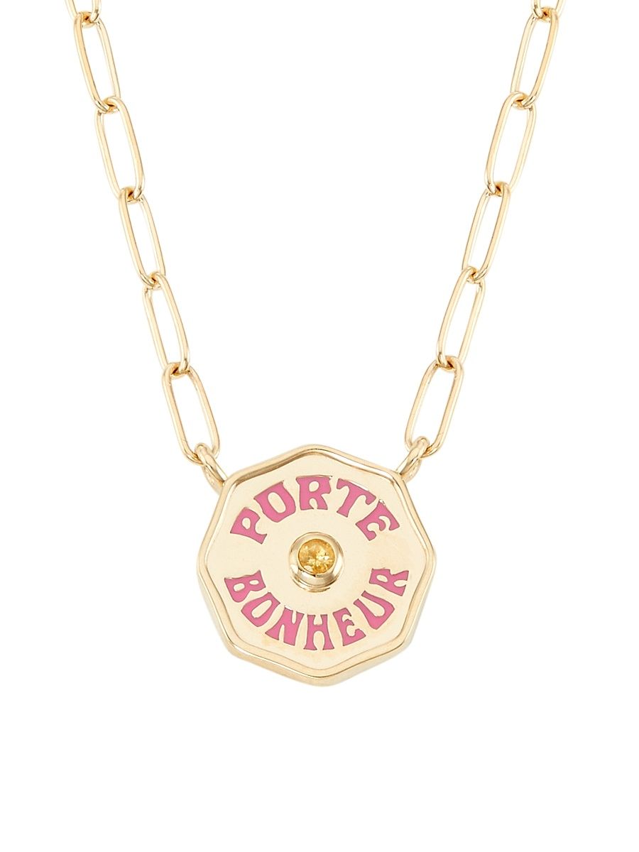 Women's Je Porte Bonheur 14K Yellow Gold, Citrine & Hot Pink Enamel Paper Clip Chain Necklace - Citrine