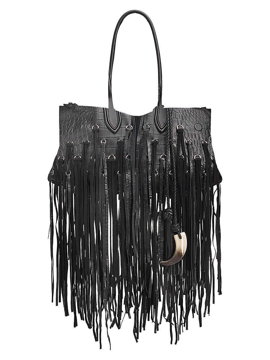 Women's Manta Leather Fringe Shoulder Bag - Black