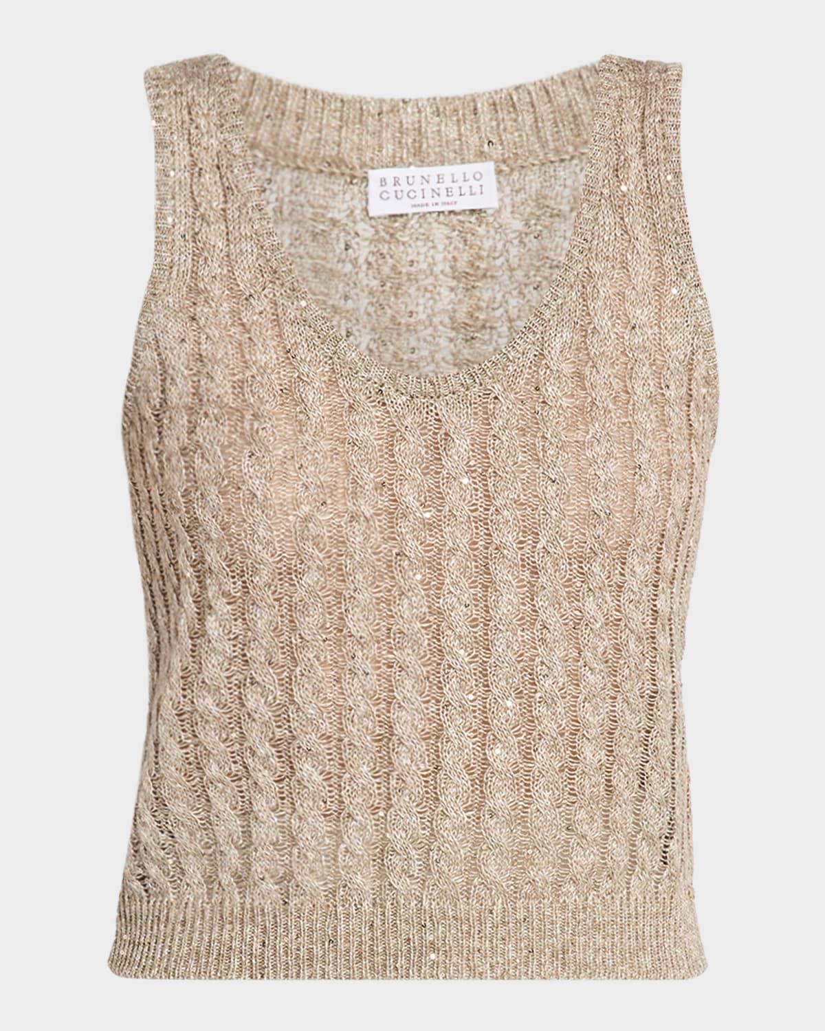 Linen Pailette Charming Cable-Knit Cardigan