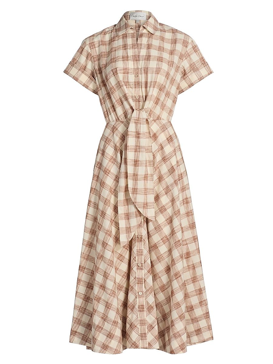 Women's Asbury Plaid Cotton Tie-Waist Midi-Shirtdress - Sketched Plaid Brown - Size Small