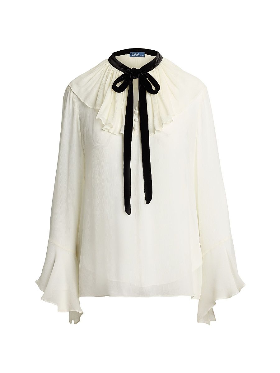 Women's Crinkled Georgette Tieneck Blouse - Warm White - Size 8