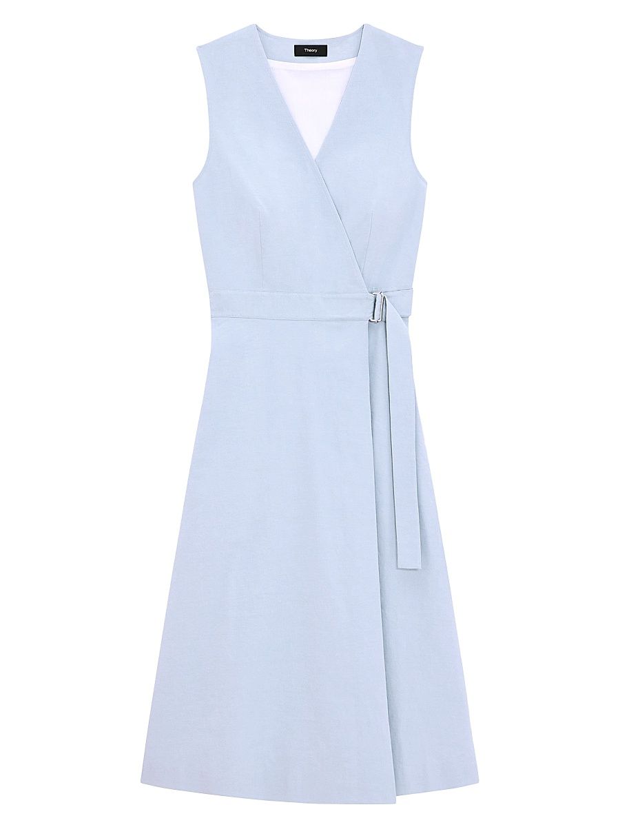 Women's Linen Sleeveless Fit & Flare Wrap Dress - Pearl Blue - Size 10