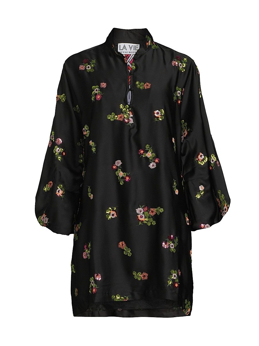 Women's Floral Sequin Cluster Mini Caftan - Black