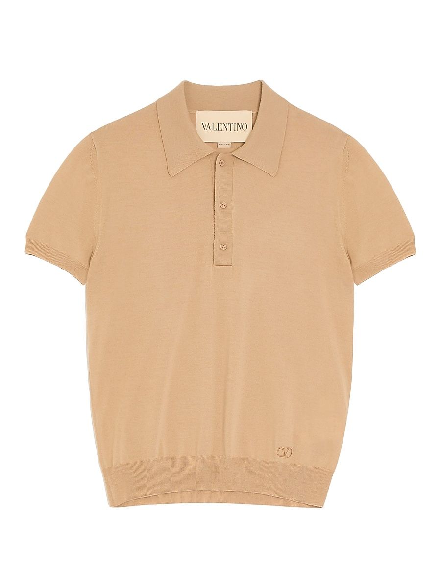 Men's Wool Polo Shirt with VLogo Embroidery - Beige - Size Small