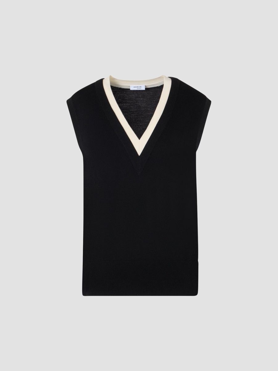 Akris punto Women's Trompe L'Oeil Virgin Wool Knit Top - Black Cream - Size 8