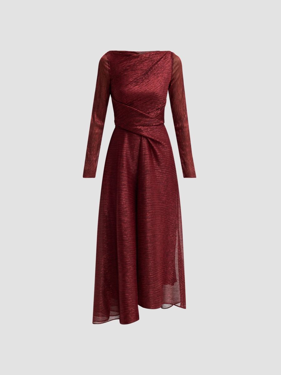 Talbot Runhof Women's Pleated Metallic Voile Tea-Length Dress - Rubino - Size 16