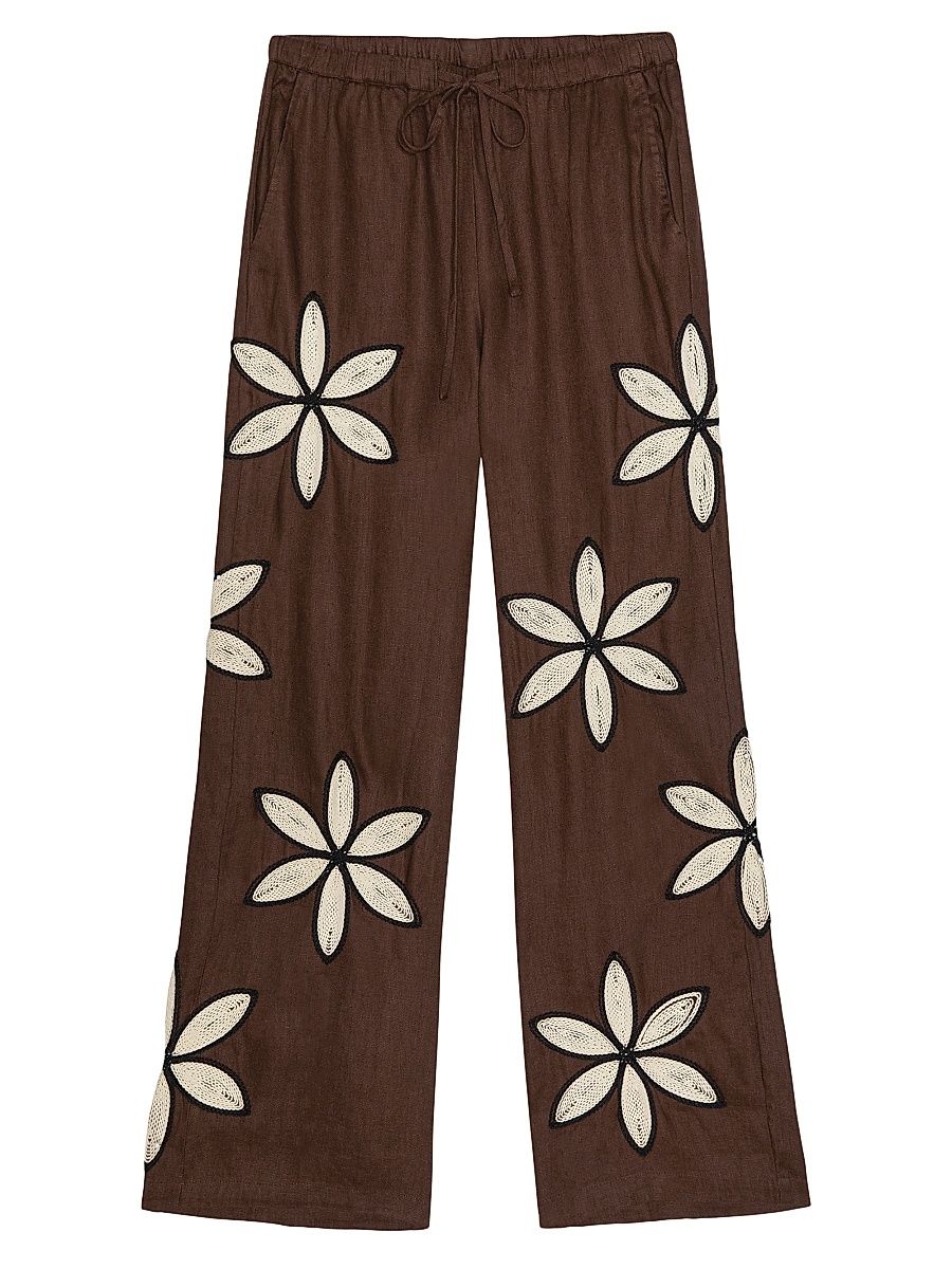 Women's Emmie Crochet Floral Linen Pants - Cocoa Floral Embroidery - Size XS