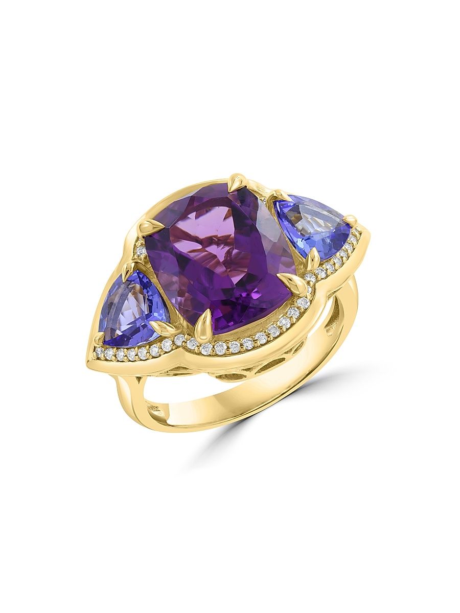 Women's 14K Yellow Gold, Amethyst, Tanzanite & 0.20 TCW Diamond Ring - Yellow Gold - Size 7